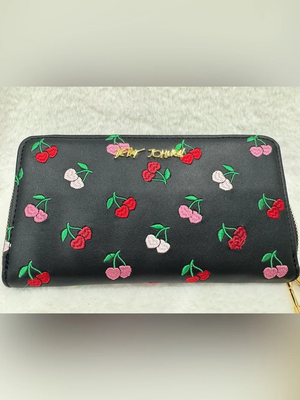 NWOT Betsey Johnson Black Cherry Embroidered Zip Wallet